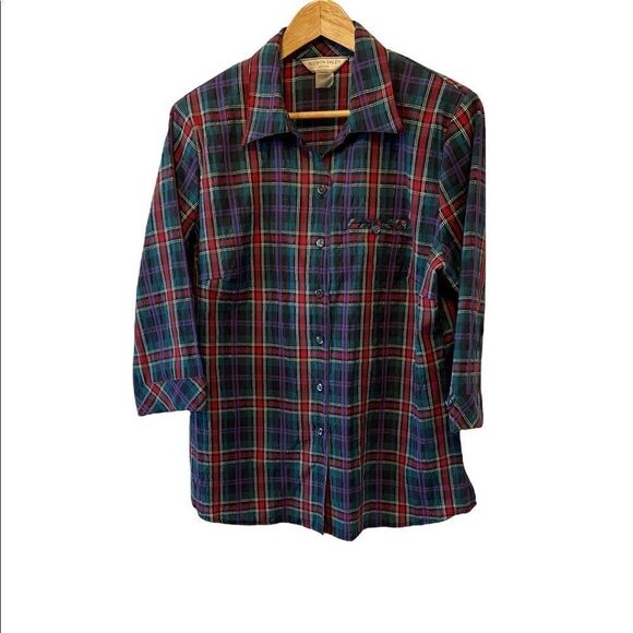ALLISON DALEY Petites Blue&Red Plaid Button Up Collared Casual Cotton Blouse 14P - Picture 1 of 7